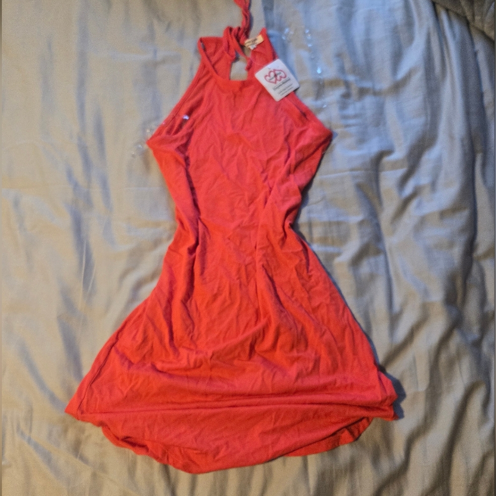 Heart Hips Vibrant Orange Red Tie String Vacation Summer Top